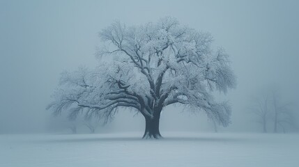 Fototapeta na wymiar Snow-covered tree in foggy field with trees in foreground and blue sky in background