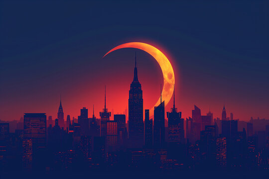 Eclipse city skyline wallpaper, silhouette. day become night