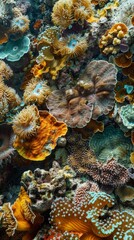 Close-up of a colorful and diverse coral reef bustling with marine life