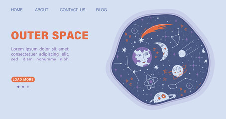 Outer space website template. Landing page for astronomy website with planets, moon, stars on dark sky. International day of human space flight. Science theme homepage design. Vector illustration. - obrazy, fototapety, plakaty