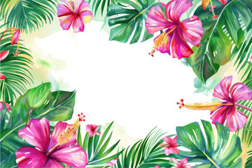 Fototapeta na wymiar Tropical watercolor plants and flowers, summer holiday banner