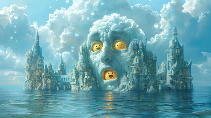 Surreal Underwater Cityscape with Pop Art Emoji Expressions - obrazy, fototapety, plakaty