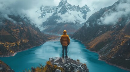   A person on top of a mountain gazing at a lake with mountains in the backdrop