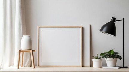 Wooden frame leaning on white floor in interior mockup. Template of a picture framed on a wall 3D rendering.generative.ai