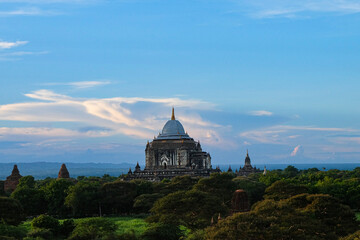 The magical town, Bagan with million of stupa and pagoda spreading across the green field  - obrazy, fototapety, plakaty