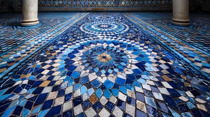   A blue-tiled floor with columns and clocks on either side of the wall - obrazy, fototapety, plakaty