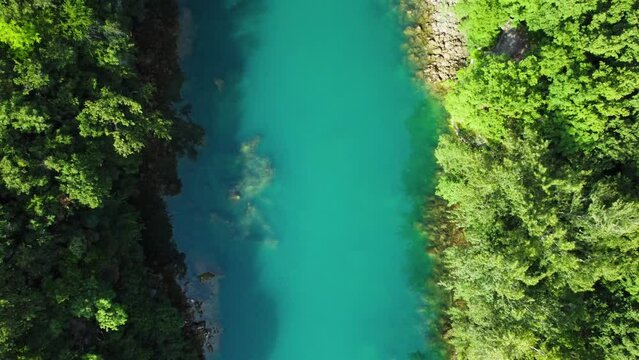 Blue Water of Soca River, Slovenia. Aerial view