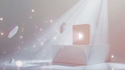 Design a minimalist representation of a video player interface with a white background, utilizing dramatic lighting and spotlights to enhance the overall 3D rendering effect 