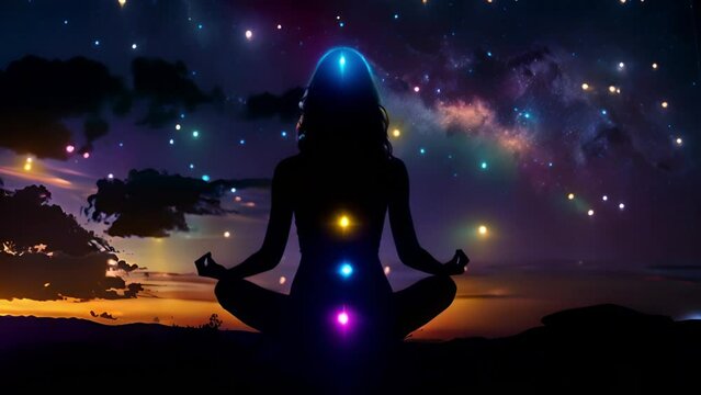 Beautiful woman sits in a pose of a half lotus on high place amazing view of universe with stars outside, she practicing yoga meditation glowing seven all chakra eyes closed calm. Kundalini energy. 