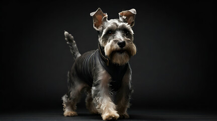 Miniature Schnauzer walking on black studio background,header or banner format.generative.ai