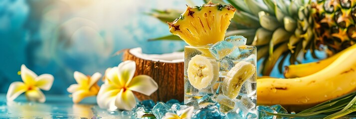 giant ice cube with pineapples, coconuts, bananas and exotic flowers inside the ice, slowly melting, vibrant bold color background, summer vibes