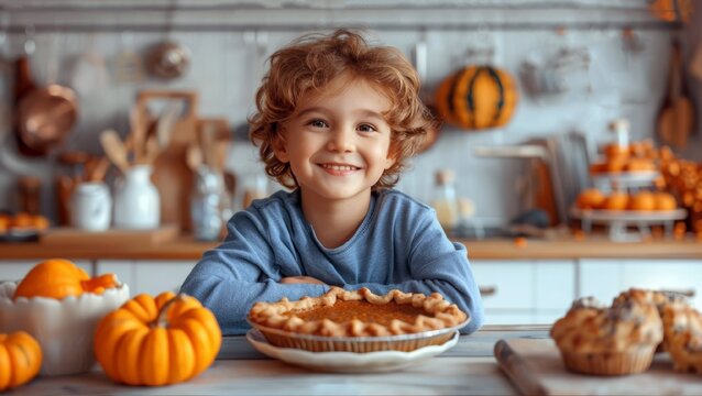 cute little boy with a large pumpkin pie on the background of a light rustic kitchen. A Thanksgiving card. Traditional seasonal autumn pumpkin desserts. A horizontal illustration with space for text.