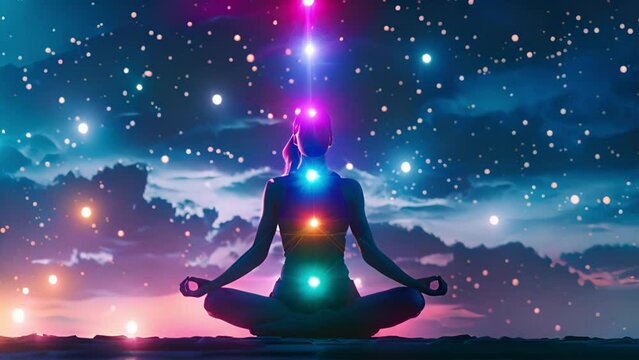 Beautiful woman sits in a pose of a half lotus on high place amazing view of universe with stars outside, she practicing yoga meditation glowing seven all chakra eyes closed calm. Kundalini energy. 