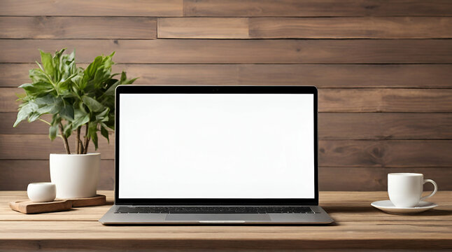 Mockup image of laptop with blank white screen on wood.generative.ai