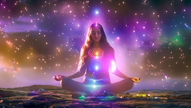Beautiful woman sits in a pose of a half lotus on high place amazing view of universe with stars outside, she practicing yoga meditation glowing seven all chakra eyes closed calm. Kundalini energy. 