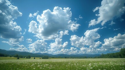   A vast field of lush green grass and vibrant flowers stretches beneath a clear blue sky, adorned with fluffy white clouds and majestic mountains in the background In the fore