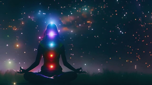 Beautiful woman sits in a pose of a half lotus on high place amazing view of universe with stars outside, she practicing yoga meditation glowing seven all chakra eyes closed calm. Kundalini energy. 
