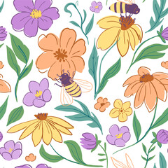Floral seamless pattern. Vector doodles,  bees, flowers, plants. Rough sketch style