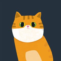 Funny cartoon cat portrait. Childish graphic. Vector hand drawn illustration.