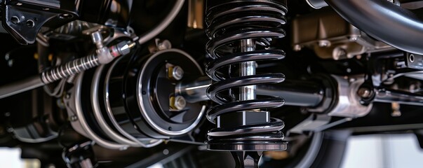 View of a shock absorber strut with coil springs and suspension system on a modern car at the ends of the springs - obrazy, fototapety, plakaty