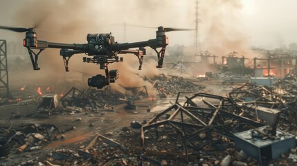 A disaster relief operation utilizing 6G cellular-enabled drones and robots to quickly and safely assess damage and deliver aid, - obrazy, fototapety, plakaty
