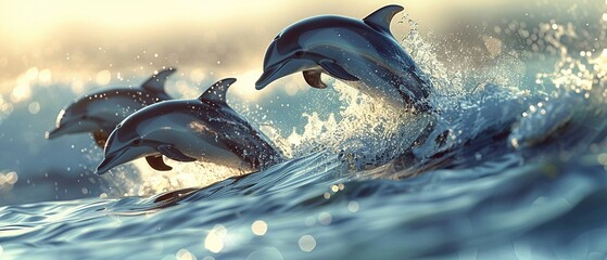 Dolphins arc over ocean waves, playful marine ballet ,3DCG,high resulution,clean sharp focus - obrazy, fototapety, plakaty