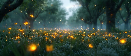 Evening alight with fireflies, natures twinkling stars ,3DCG,clean sharp focus - obrazy, fototapety, plakaty