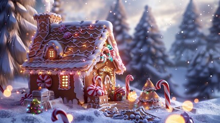 Craft a mesmerizing scene of a Homemade gingerbread house for Christmas, adorned with colorful icing, candy canes, and fairy lights, placed in a snowy wonderland 