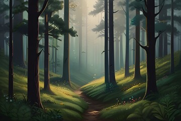 Artistic conception of beautiful landscape painting of nature of forest, background illustration,...