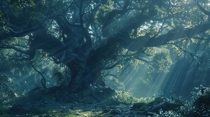An enchanted forest inhabited by mythical creatures and ethereal beings, with ancient trees...