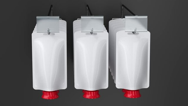Movement around the mockup blank pouches with red bottom cap on euro hooks with price holders. 3d animation on gray background