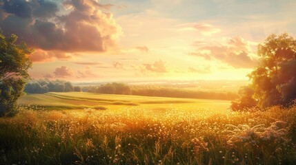 An impressionistic landscape capturing the beauty of a sun-drenched countryside, with vibrant colors and loose brushstrokes conveying the warmth and vitality of the natural world. - obrazy, fototapety, plakaty