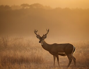 Naklejka na ściany i meble A deer standing in the middle of a foggy field at night with a full moon in the sky behind i