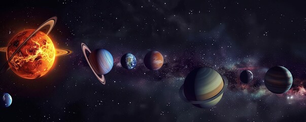 Group of planets and moons in alien solar system on outer space background