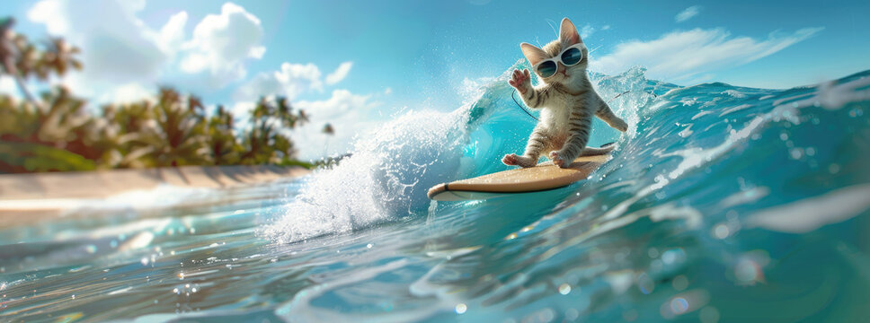 Picture a cute kitten catching a big wave on a surfboard dressed in stylish sunglasses and beachappropriate swimshorts, Side view, capture photography, Blocky, 8K, high detail