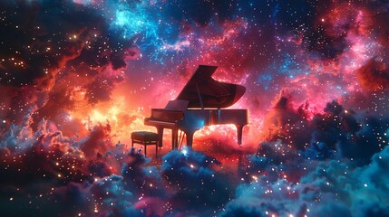 A grand piano serenely floating in a cosmic nebula, bold colors, starlight, photorealistic ,3DCG,clean sharp focus