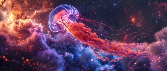 A glowing jellyfish navigating a cosmic nebula, bold colors, stars backdrop, photorealistic  ,3DCG,high resulution,clean sharp focus