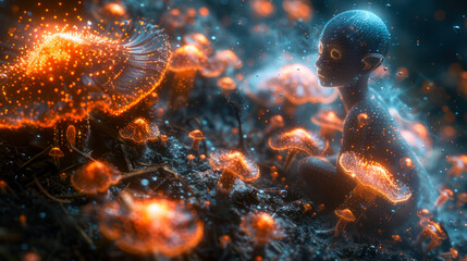 Humanoid creature and glowing magic mushrooms