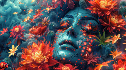 Fantastic, surreal, psychedelic deity with herbal motifs - obrazy, fototapety, plakaty
