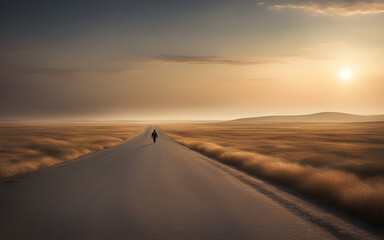 Fototapeta na wymiar Lone runner on a deserted road, pushing forward, dawn breaking ahead, symbolizing personal journey and perseverance