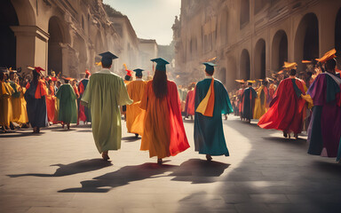 Low angle view of graduates walking in a procession, colorful gowns and tassels swaying, joyous celebration atmosphere - obrazy, fototapety, plakaty
