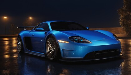 Fototapeta na wymiar A striking blue sports car glistens under the rain at night, showcasing its sleek design and aerodynamic build, poised on an urban road