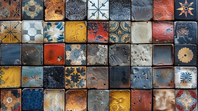   A clear image showing a close-up view of a colorful tile wall with variously shaped tiles in varying sizes