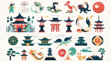 East Asian Vector Illustrations Collection: Icons of Culture and Tradition