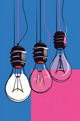 Colorful Retro Hanging Lightbulbs on Blue and Pink Background