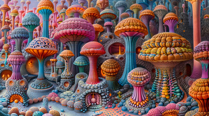 Trippy vision of colorful magic mushrooms