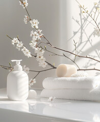 Fototapeta na wymiar Shampoo pump type in a white towel, Korean wave, soft solid color tone, hate core