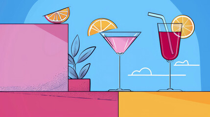 Colorful Abstract Cocktail Illustration with Citrus Accents
