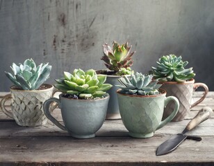 A variety of succulents planted in vintage tea cups, arranged on an antique wooden table, showcasing upcycling in gardening