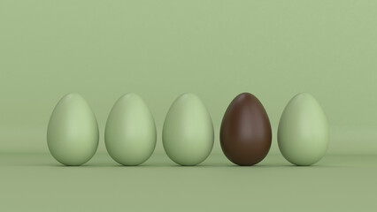 Easter background with green and chocolate eggs. 3d render illustration
